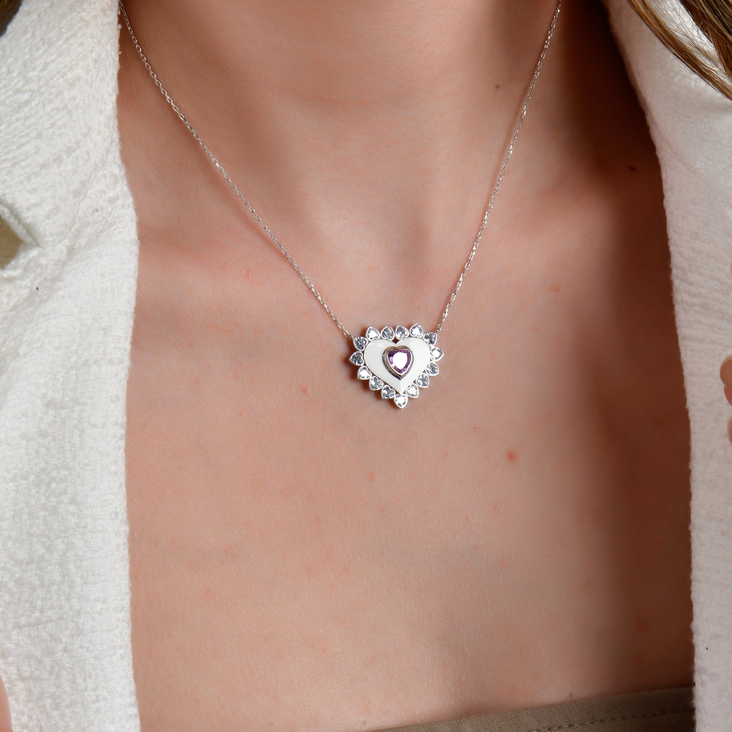 Swarovski Zirconia Mineli Kalp Tam Tur Kadın Kolye