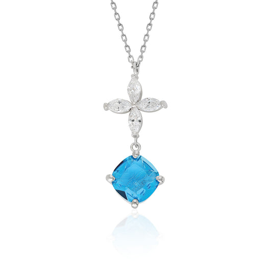 Swarovski Aquamarin Topaz Çiçekli Kadın Kolye