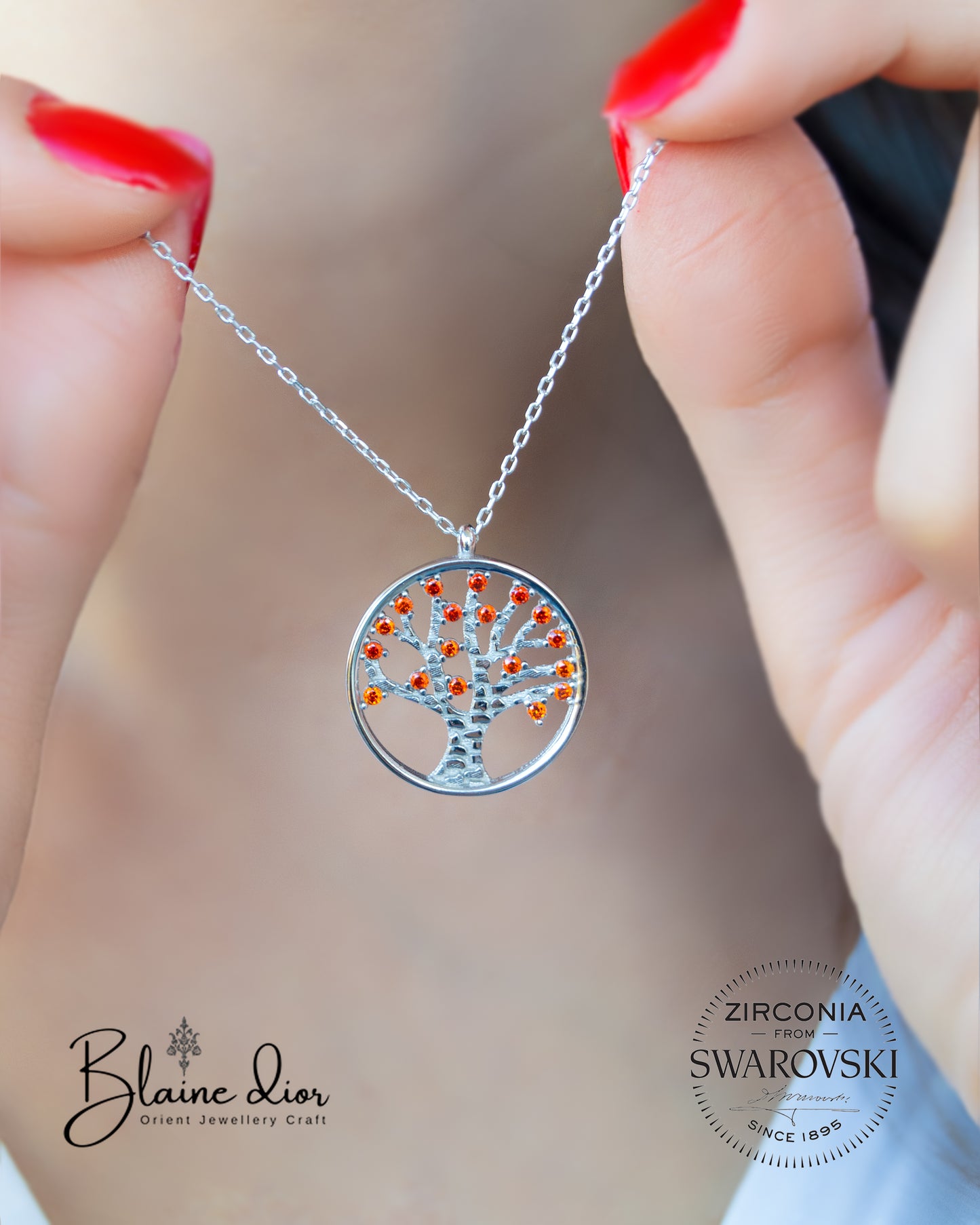 Swarovski Granat Hayat Ağacı Gümüş Kolye